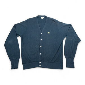 Vintage Izod Lacoste Sweater Adult MEDIUM Blue Cardigan Preppy Golf USA Made 70s